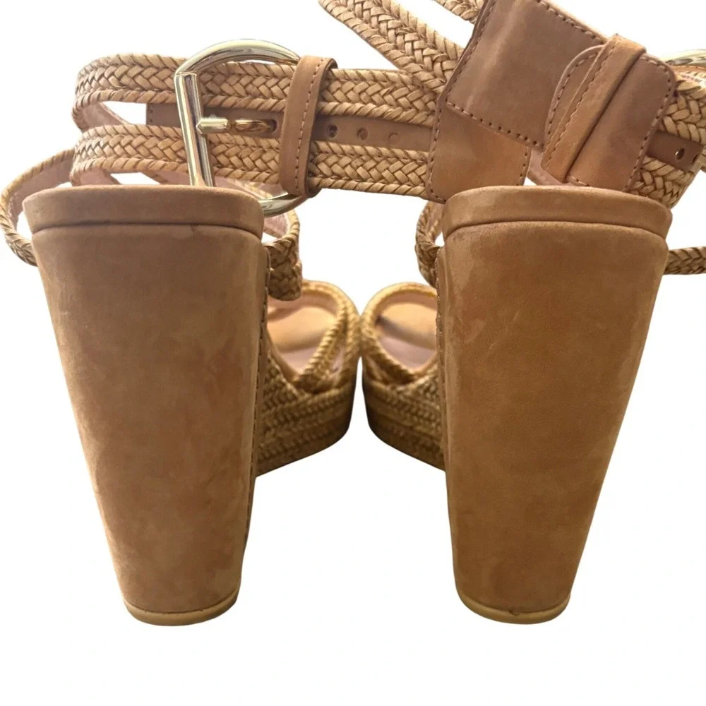 Stuart Weitzman Reins Wedge Sandals Womens Size 8 Tan Braided Leather Heels